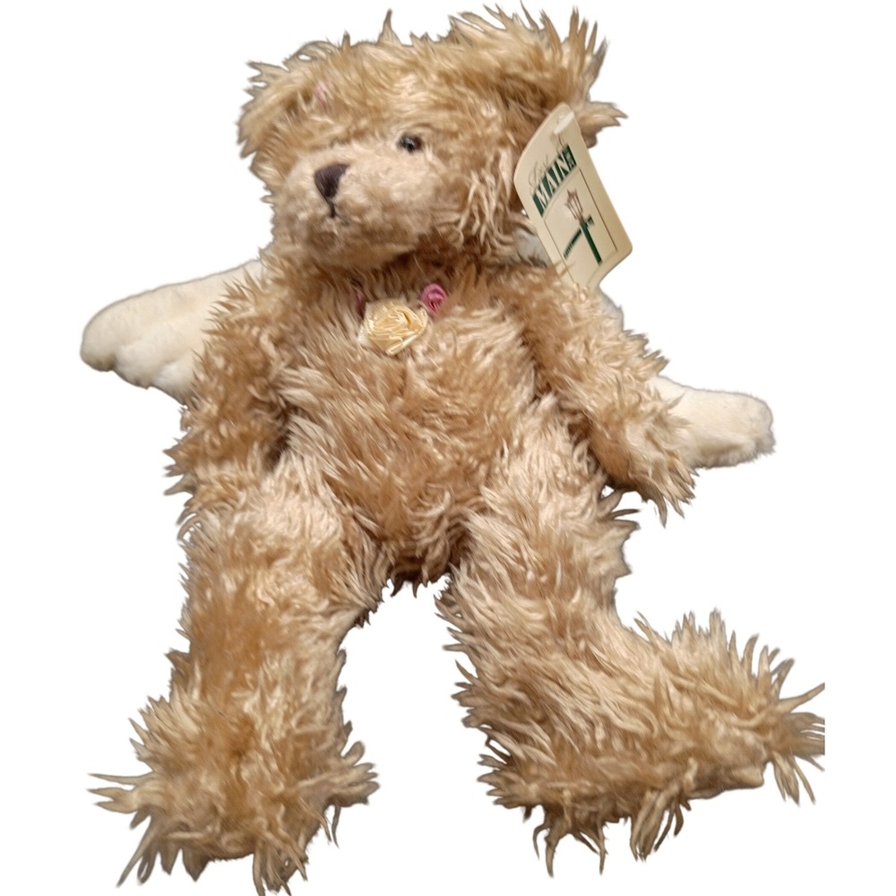 First & Main Angel Teddy Bear Tan Shaggy Plush White Wings Ribbon Roses NWT 15in